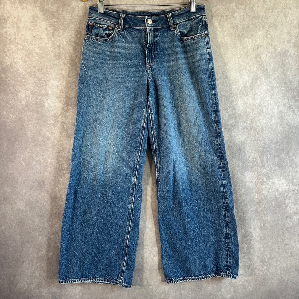 American Eagle Baggy Wide Leg Jeans Women 6 Blue Low Rise Comfort Stretch Casual